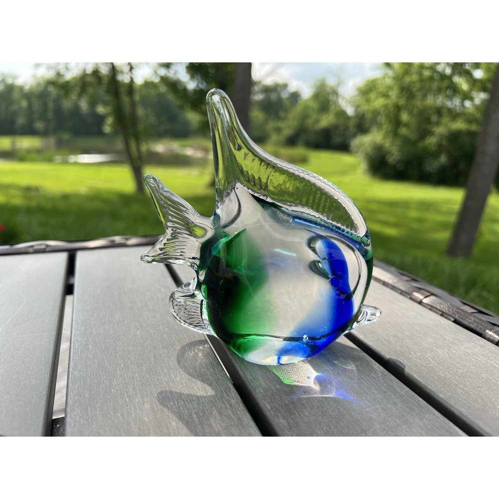 Hand Blown Art Glass Blue and Green‎ Tropic Fish Angel Fish Paperweight Figurine
